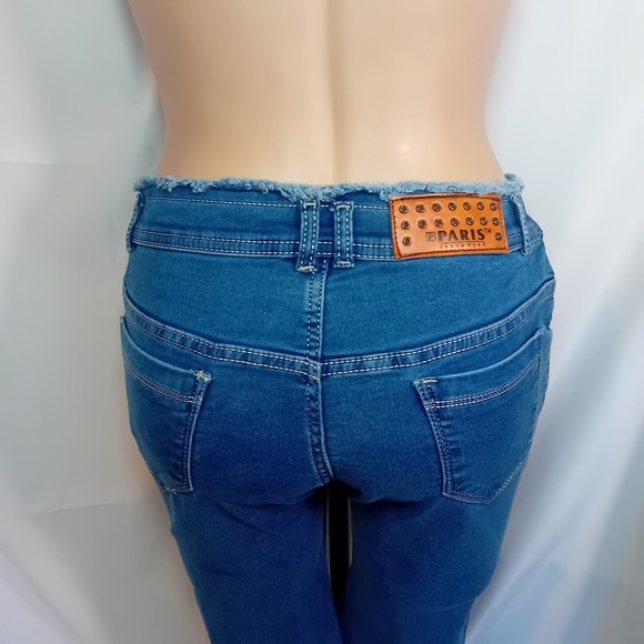 Y2K Paris Jeanswear Denim Jean Medium Wash Rhinestone Butterfly Frayed Flare 30‎ - Picture 12 of 15